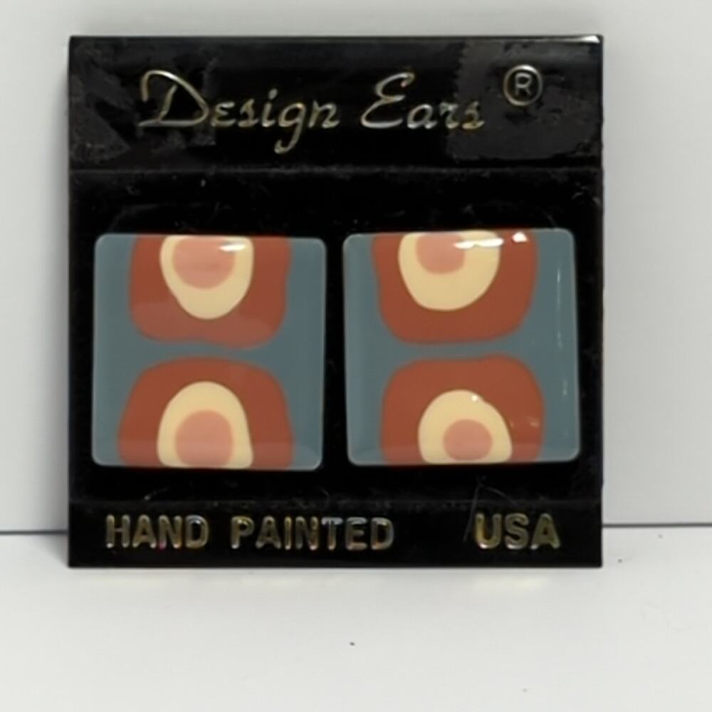 Design Ears Vintage Hand Painted Square Stud Earrings | 7/8 | Geometric Mod